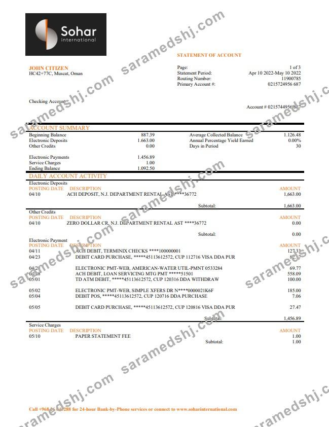 Oman Sohar International bank statement